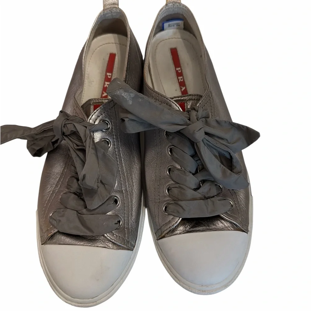 Prada Women's Metallic Silver Lace Up  Sneakers - Picture 10 of 10